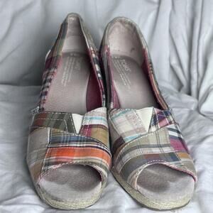 Toms Womens Plaid Color Block Multicolor Espadrille Wedge Peep Toe Heels 8.5